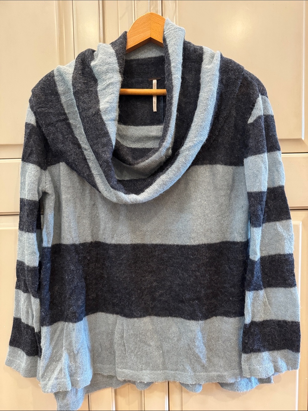 Free People Striped Cowl Neck Sweater - baby blue & navy striped